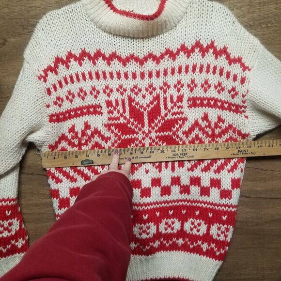 Vntg Gitano Wmns Sz S Oversized Sweater Ivory White Red Snowflake Fair Isle Flaw - Picture 5 of 14